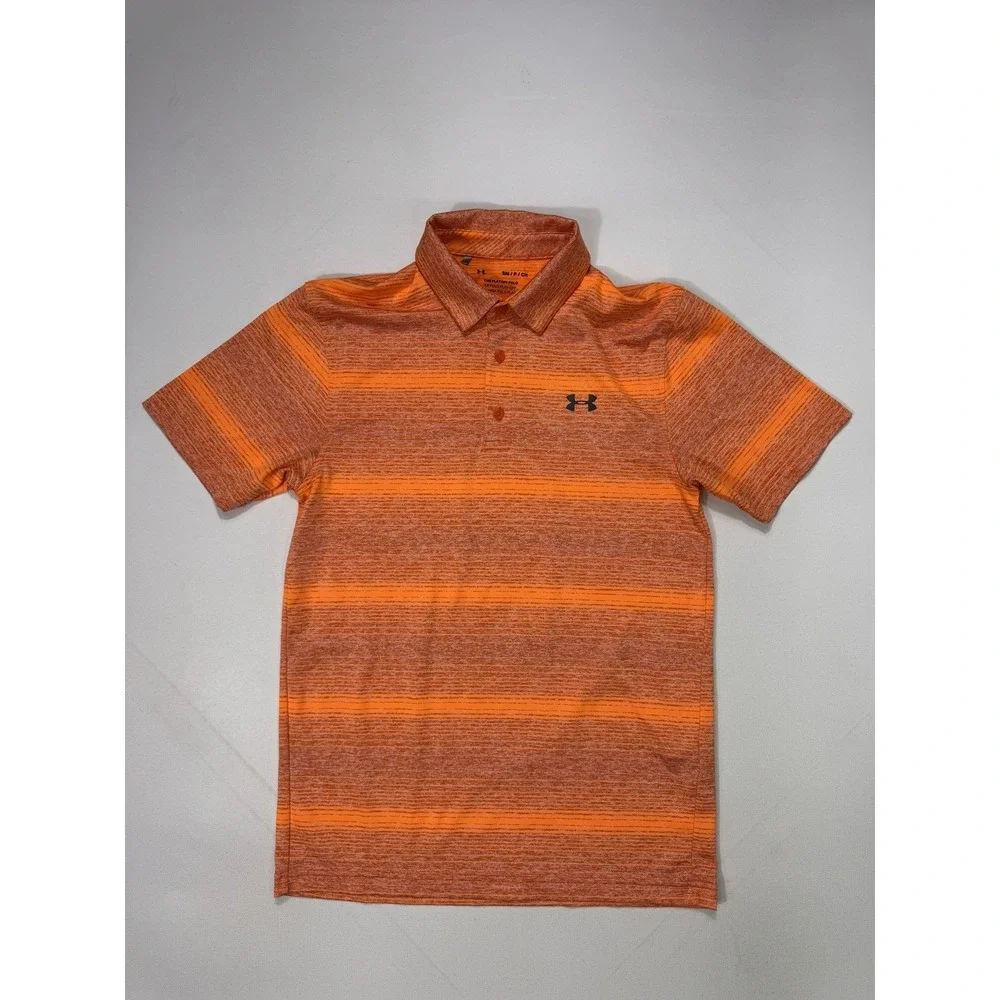 Under Armour The Playoff Polo Shirt Mens Small Orange Striped Loose Golf 1350210